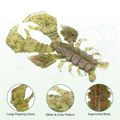 4.1" Crawfish Lure for Bass Fishing, Soft Plastic Craw Bait Kit with Removable Rattles & Jig Head, Reusable Bait Box for Freshwater Bass - color: green