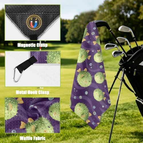 Underwater Fish Purple Pattern Magnetic Golf Towel for Golf Bags Microfiber Golf Accessories for Men Women with Carabiner Clip Attaches to Clubs and Carts, 17.7"x17.7"