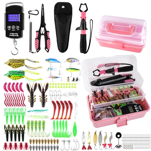 3-Layer Pink Fishing Tackle Box with Tackle Included, Fishing Tools Kit Includes Pliers Fish Lip Gripper Scale Crankbait Spinnerbaits Soft Baits Hooks, Ideal Gift for Angler Saltwater Freshwater - color: Pink