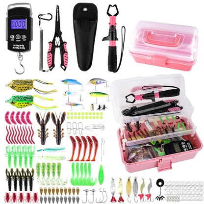 3-Layer Pink Fishing Tackle Box with Tackle Included, Fishing Tools Kit Includes Pliers Fish Lip Gripper Scale Crankbait Spinnerbaits Soft Baits Hooks, Ideal Gift for Angler Saltwater Freshwater - color: Pink