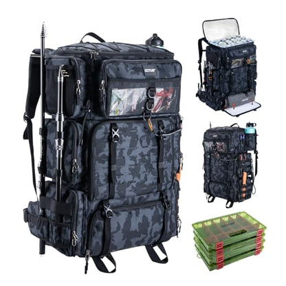 Goture Fishing Backpack with Cooler, 72L 600D Tackle Backpack Included 4 3700 Tackle Boxes, Dry & Wet Split Compartment, Large Fishing Tackle Bag with Rod Holders,Rain Cover for Travel Camping Hiking - color: A2:Camo with 4 3700 Tackle Boxes