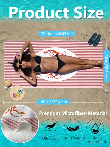 Pink Striped Red Lobster Print Beach Towel with Clips Set - Preppy Summer Coastal Funny Lobster Print Large Sand Free Towel 30x60 Inch for Beach Camping Swim Pool Gym Sports & Yoga - color: Btowels08