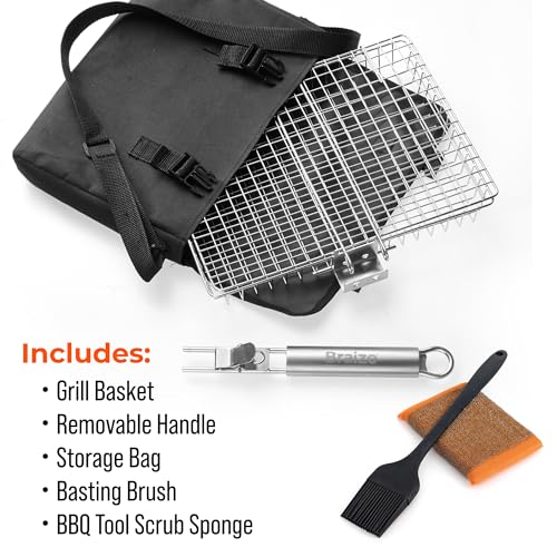 Stainless Steel Large Grill Basket with Removable Handle – 12.25 x 9.5 x 1.5 Inch BBQ Vegetable Basket with Easy Open Lid, Silicone Basting Brush & Scrub Sponge – Outdoor Cooking & Camping Accessory - size: w/ Accessories