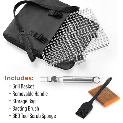 Stainless Steel Large Grill Basket with Easy Open/Close Lid and Removable Handle - 12.25 x 9.5 x 1.5 Inches - Includes Carry/Storage Bag - size: w/o Accessories