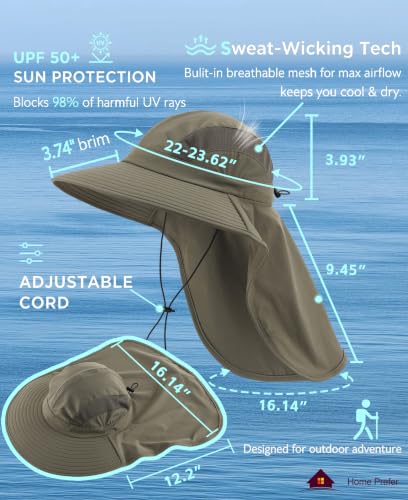 Home Prefer UPF 50+ Sun Hats for Men Women Wide Brim Fishing Hat with Neck Flap UV Protection Sunblock Safari Bucket Hat - color: Army Green