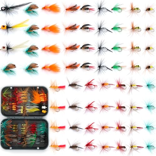 EXAURAFELIS Flying Flies kit Fishing Gear Fishing Lure 64/100/120PCS Dry Wet Flies Tackle Box Fly FishingLures for Bass Salmon Trout Freshwater Walleye Steelhead Bonefish Tarpon Saltwater - color: 64 pcs