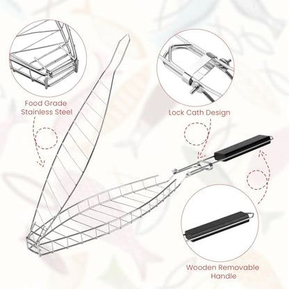 Fish Grill Basket for Grilling, Stainless Steel Basket, Non-Stick Fish Rack for Grilling with Adjustable Lock Removable Handle, Ideal for BBQ, Camping, Charcoal and Gas Grills