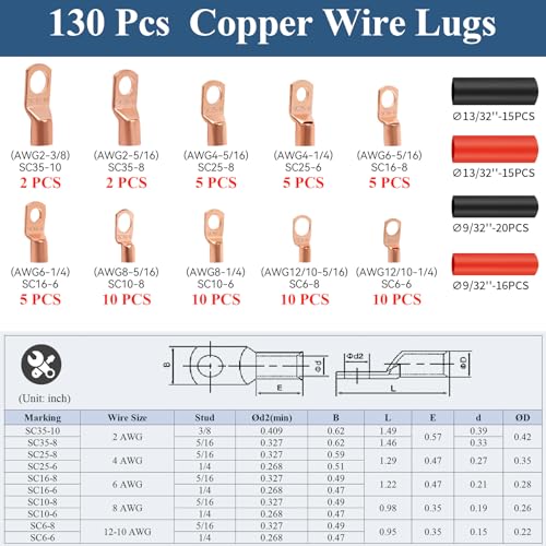 PEASUG Copper Wire Lugs 130Pcs, AWG 2 4 6 8 10 12 Gauge Battery Cable Ends with 66Pcs Heat Shrink Tubing Set, 64Pcs Ring Terminals Connectors Assortment Kit for Marine, Automotive, Cables, Appliances