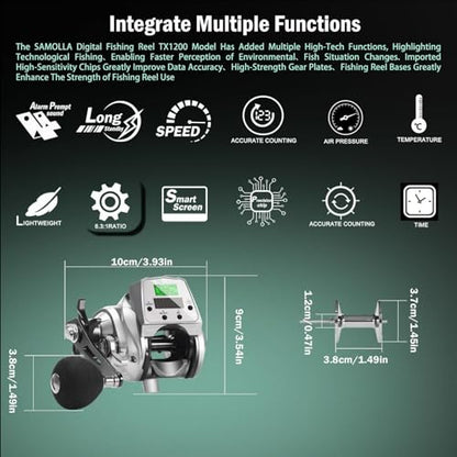Digital Baitcasting Fishing Reel with LCD Display,8 oz Ultralight Electric Baitcaster Reel, 22-35 Lb Max Drag,6.3:1/7.2:1 Gear Ratio,Left/Right Handed,Compact Design for Freshwater & Saltwater - color: Silver-Left Hand, size: 35Lb-12 Smart-Solar Panel