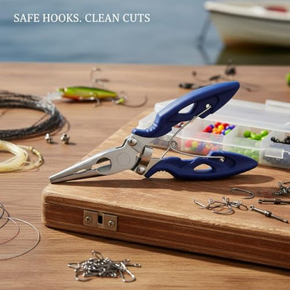 Stainless Steel Fishing Pliers with Line Cutter, 6.5 Inch Multi-Tool for Hook Removal and Lure Retrieval, Blue