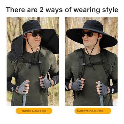 HUAMULAN Men Summer Sun Hat Women Safari Wide Brim Fishing Hats UV Protection Neck Flap Bucket Gardening Hiking Hunting Cap - color: Hyp016-black