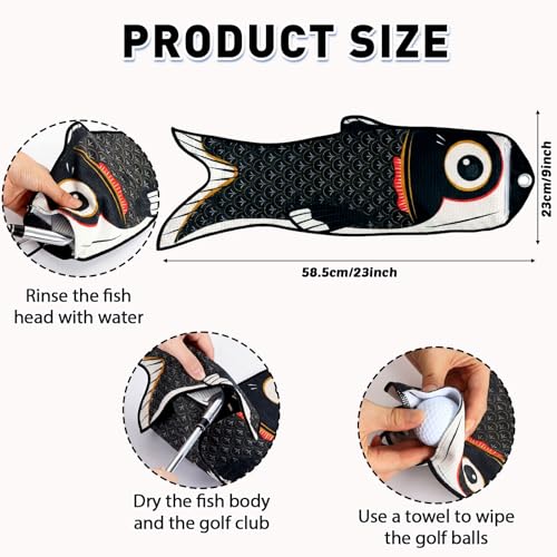 Mindsoft Koi Fish Golf Towel Cute Microfiber Golf Towel Carabiner Clip, Cleaning Cloth & Clubs Koi Pattern Golfs Accessories and Gifts for Men Women(Black) - color: Black