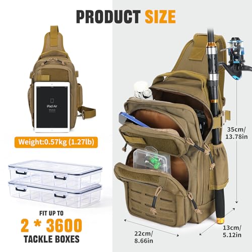HUNTVP Fishing Sling Bag Lightweight Tackle Bag Small Fishing Backpack Tactical Shoulder Sling Bags with Rod Holder, Storage Gear and Equipment, Gifts for Men (Brown) - color: Brown