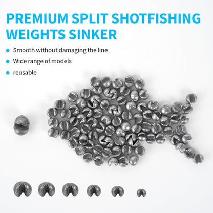 Caleb 200/320Pcs Split Shot Fishing Weights Sinkers, Removable Lead Fishing Weights, Premium Duckbill Reusable Fishing Sinkers for Freshwater Saltwater Bass Trout Fishing Accessories - 5/6 Sizes - size: 200PCS/5 SIZE