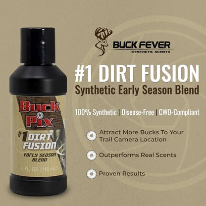 Buck Fever Buck Pix 2,3,4-Piece kit - Synthetic Deer Scent (4 oz Branch Action & 4 oz Dirt Fusion) for Whitetail & Mule - Non-Spoiling Deer Attractant for Outdoor Trail Camera - size: 4 oz (Dirt Fusion)