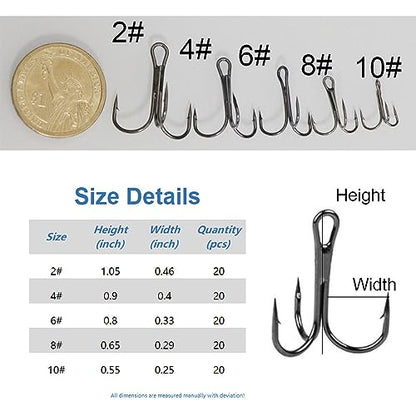 20pc/Box Fishing Treble Hooks Set High Carbon Steel Fishing Hooks Classic Round Bend Hook 2# 4# 6# 8# 10# - color: Black, size: 6#-20pcs