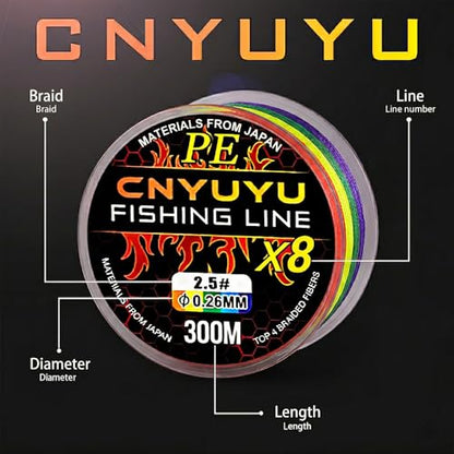 Braided Fishing Line-8 Strands PE Superline,300M/328Yds,High Sensitivity Multicolor Braid