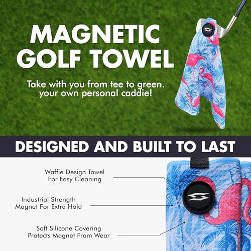 Magnetic Microfiber Waffle Golf Towel – Large 16"x24" Clean Golf Club Ball Magnet Clip to Hang on Bag Cart Strong Premium Strength Ultra Absorbent Gear Tropical Men (Large Flamingo Palms) - color: Large Flamingo Palms