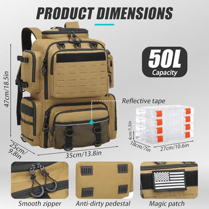 Tactical Fishing Backpack with Tackle Boxes, Rod Holders & Bottle Holder, 50 L Large Insulated Fishing Tackle Box Backpack with Cooler, Fishing Bag Store Gear & Equipment, 900 D Oxford, Brown - color: Brown