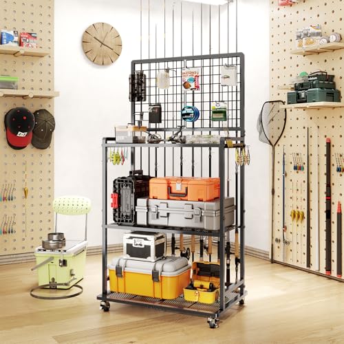 SOYEEZE Large Size Fishing Rod Holders for Garage, Heavy Duty 3-Tier Fishing Pole Rack with Pegboard and Hooks, Fishing Gear Organizer Up to 12 Rods, Rolling Fishing Storage Cart with Lockable Wheels - color: Black-12 Rods, size: 12 Rods