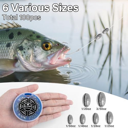 Dr.Fish 100 Pieces/Box Split Shot Sinkers Kit - 6 Sizes Lead Fishing Line Weights Clip on Sinkers for Fly Fishing, Freshwater, Trout Bulk Assortment