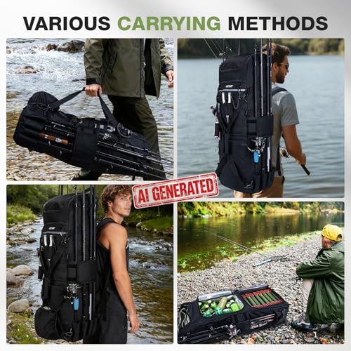 Goture 61L Large Fishing Backpack Tackle Bag, 3-Layer Organizer with Insulated Cooler Compartment & Expandable Mesh Pocket, Waterproof 600D Tactical Tackle Bag for Outdoor Anglers - color: A1:116L Black (Without Tackle Box)