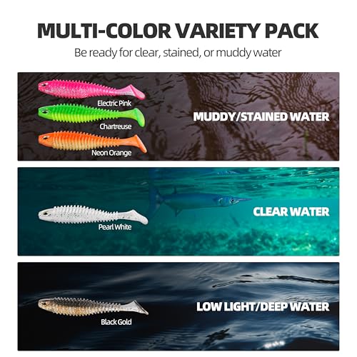 30pcs Soft Plastic Swimbaits with Paddle Tail, T-Tail Fishing Lures for Vertical Jigging and Casting, Freshwater Swimbaits for Bass, Trout, Walleye & Crappie - color: Dual Ribbed, 2.5''