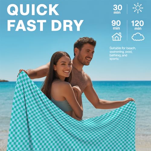 Microfiber Beach Towel Sand Free Quick Dry Oversized Soft Lightweight Teal Light Blue Geometric Checkerboard Pattern for Travel Swim Yoga Pool 71 x 32 Inches 1 Pcs - color: Lake Blue