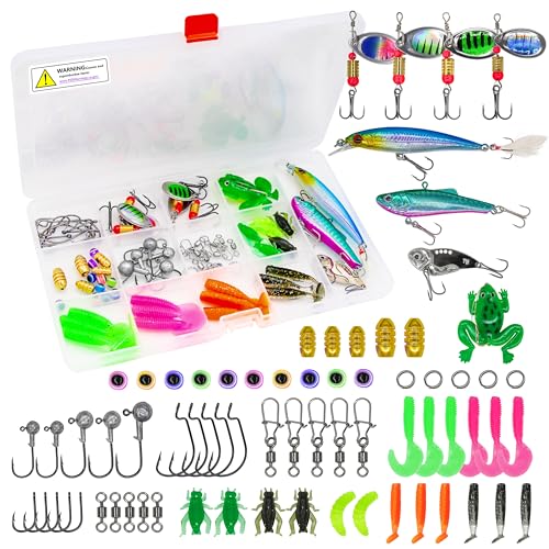 Fishing Lure Bait Tackle Set for Saltwater Freshwater Bass Fish, Including Jig Hooks, Spoon Lures, Crankbait, Soft Plastic Worms, Frog Lure, Fishing Gear Kit