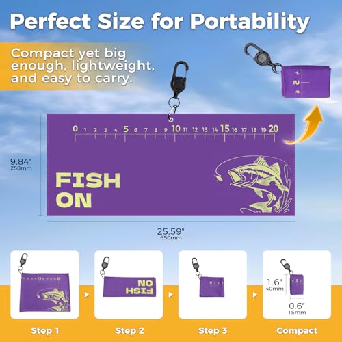 2PCS Fishing Towel, 25.5" X9.8", Microfiber | Built-in Ruler and Retractable Carabiner Clip, Premium Microfiber Towel , Bass Accessories, Fishing Gifts for Men Dad