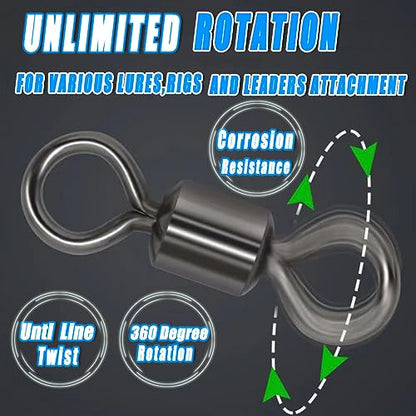 250pcs Fishing Swivel Rolling Barrel Swivel Stainless Steel Swivels Corrosion Resistance Black Nickle Connector for Freshwater Saltwater Fishing Tackle #2#4#6#8#10 - size: #1/0, #2/0, #3/0, #4/0(120pcs)