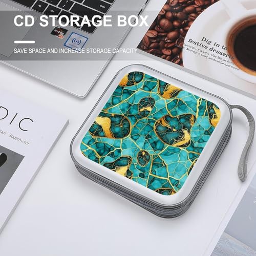 Turquoise Luxury Texture Gold Glitters Marble Hard Plastic DVD Case Portable Zipper CD Cases Holder Cases Storage Binder Booklet Album 40 Capacity - color: color769