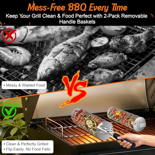 Rolling Grill Baskets for Outdoor Grill, 2PCS BBQ Grilling Basket with Removable Wooden Handle, Stainless Steel Camping Cooking Grill Accessories for Meat Fish Vegetable Seafood, Gifts for Men Dad Husband