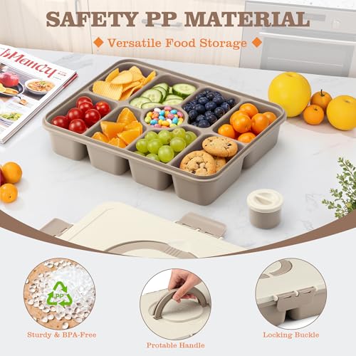 Snackle Box Container, Divided Serving Tray with Lid and Handle, 9 Compartments Snack Box Container for Adults, Portable Charcuterie Serving Platter for Candy Fruit, 9.9 Cups, Brown - color: Brown