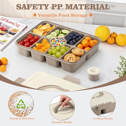 Snackle Box Container, Divided Serving Tray with Lid and Handle, 9 Compartments Snack Box Container for Adults, Portable Charcuterie Serving Platter for Candy Fruit, 9.9 Cups, Brown - color: Brown