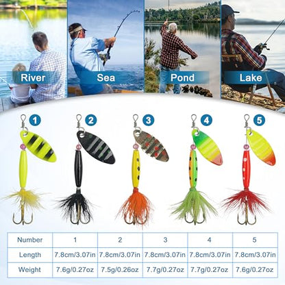 Spinner Baits Bass Lures Rooster Feather Tail Fishing Lures Trout Lures Hard Metal Inline Spinnerbaits for Bass Trout Pike Walleye Salmon with Tackle Box - style: B-10pcs-3"-0.27oz