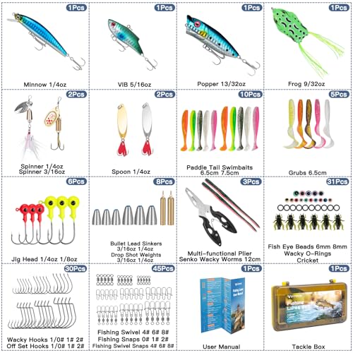 WITOROR Fishing Lures, 148Pcs Tackle Box with Tackle Included, Crankbaits, Spoon, Hooks, Weights & Other Accessories, Fishing Bait Lure Gear Kit Gifts for Men Bass Freshwater