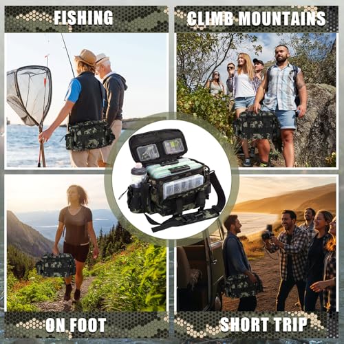 Fishing Tackle Bag with 3 Pcs 3600 Tackle Trays Expandable Soft Fishing Bag Waterproof Camouflage Gear Backpack Padded Shoulder Strap Angler Gear Storage Gifts for Fishermen(Green) - color: Green