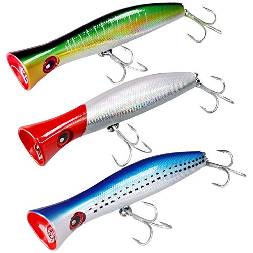 THKFISH Topwater Saltwater Fishing Lures GT Popper with 3X Strong Hook, Surf Fishing 1pc / 3pcs - color: 3pcs 3Colors (RedLaser+ BlueLaser+ GreenLaser )
