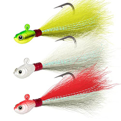 Dr.Fish 3 Pack Bucktail Jig Lure Hair Jig Saltwater Freshwater Lures Surf Fishing Bass Flounder Striper Bluefish Halibut Redfish - color: White,Chartreuse,Red & White (Pack of 3), size: 2 oz