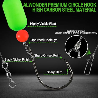 Alwonder 5-Pack Pompano Rigs Surf Fishing Rigs with Snell Floats, Saltwater Live Bait Rig Swivels Duo Lock Snaps Circle Wide Gap Kahle Hooks Rig for Beach Surf Casting Pier Jetty Fishing - color: Yellow 5-Pack, size: #2/0 Circle Hook