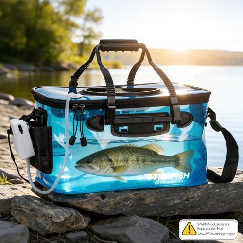 THKFISH Foldable Transparent Fishing Bucket, 4/6/8 Gallon Foldable Bait Bucket, Live Fish Container Multi-Functional Bait Bucket, Live Bait Fishing Bucket for Saltwater, Camping (4Gallon) - size: 4Gallon with Aerator