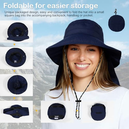 Waterproof Sun Rain Hat for Women Wide Brim UPF50+ UV Protection Packable Men Bucket Safari Fishing Hat with Neck Flap - color: Navy Blue