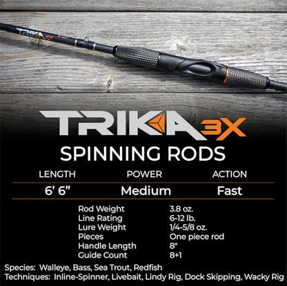 TRIKA 3X Carbon Rod Carbon Weave Rod for Extra Sensitive Vibration | Longer Casting | Lightweight Freshwater Fishing Pole - style: Spinning 6'6" Medium/Fast 1pc.