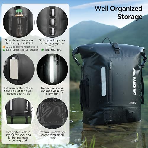 MARCHWAY Roll Top Waterproof Backpack, Floating Dry Bag 20L/30L/45L with Ergonomic Rectangular Base, Cushioned Back, Hip Strap for Hiking Camping Kayaking Travel (Black, 30L) - color: Black, size: 30L
