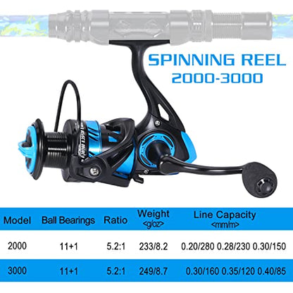 Sougayilang Telescopic Fishing Rod and Reel Combo – Full Kit with Carrier Bag, 11+1 Bearings Spinning Reel, Carbon Fiber Travel Pole for Bass, Trout, Catfish, Redfish – Saltwater Freshwater - color: Blue Full Kit with Carrier Case, size: 8.9 ft