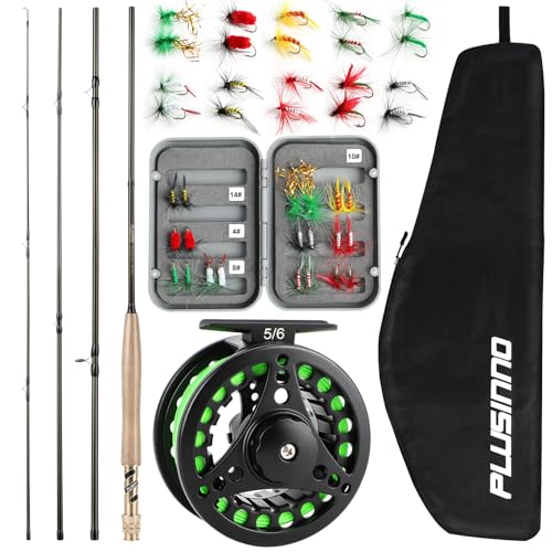 PLUSINNO Fly Fishing Rod and Reel Combo, 4 Piece Lightweight Ultra-Portable Graphite Fly Rod 5/6 Complete Starter Package with Carrier Bag