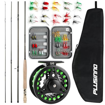PLUSINNO Fly Fishing Rod and Reel Combo, 4 Piece Lightweight Ultra-Portable Graphite Fly Rod 5/6 Complete Starter Package with Carrier Bag