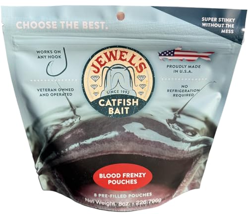 Jewels Catfish Bait - Blood Frenzy Bags - 8 Pre-Filled Bait Pouches per Bag - Approx 2" W x 2.5" L for Catfish Bait - Perfect for Rod&Reel, Jugs, & Trotlines