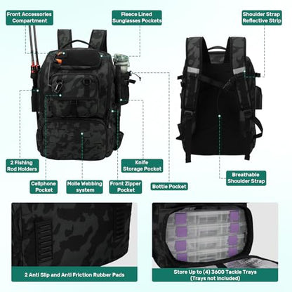 Pyrrhus 40L Fishing Backpack with Rod Holders & Insulated Cooler Compartment, Camping Cooler Tackle Storage for Anglers